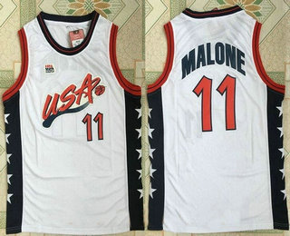 1996 Olympics Team USA Men's #11 Karl Malone White Retro Stitched Basketball Swingman Jersey