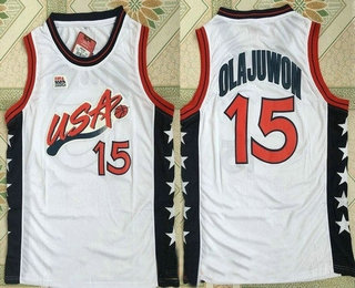 1996 Olympics Team USA Men's #15 Hakeem Olajuwon White Retro Stitched Basketball Swingman Jersey