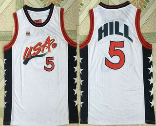 1996 Olympics Team USA Men's #5 Grant Hill White Retro Stitched Basketball Swingman Jersey