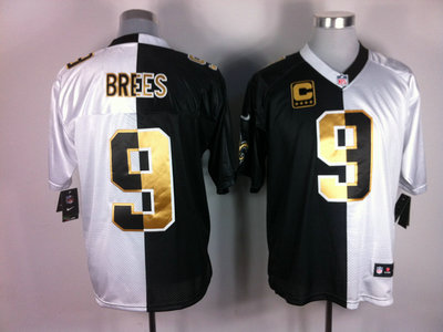 Nike New Orleans Saints 9 Drew Brees Black and White Split Elite Jerseys
