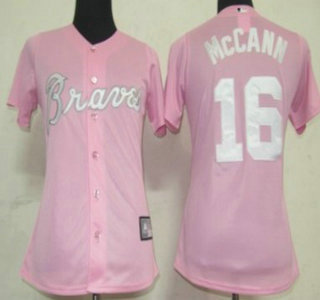Atlanta Braves #16 McCann Pink With White Womens Jersey