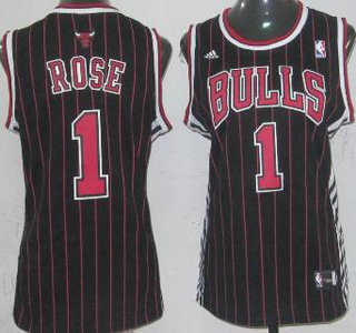 Chicago Bulls #1 Derrick Rose Black With Red Strip Womens Jersey