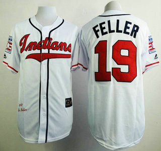 Cleveland Indians #19 Bob Feller 1948 Hall of Fame White Throwback Jersey