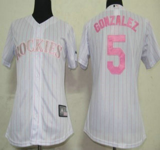 Colorado Rockies #5 Gonzalez White With Pink Pinstripe Womens Jersey
