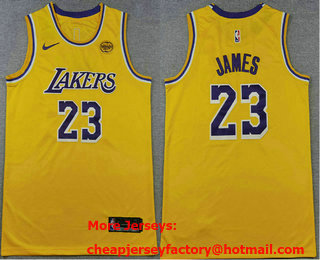 Men's Los Angeles Lakers #23 Lebron James Yellow Icon Sponsor Swingman Stitched Jersey