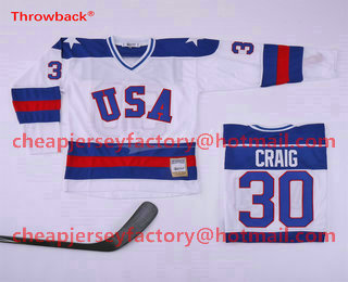 Men's 1980 Olympics USA #30 Jim Craig White Throwback Stitched Vintage Ice Hockey Jersey