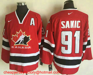 Men's 2002 Team Canada #91 Joe Sakic Red Nike Olympic Throwback Stitched Hockey Jersey