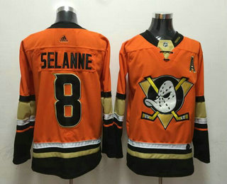 Men's Anaheim Ducks #8 Teemu Selanne Orange With A Patch 2017-2018 Hockey Stitched NHL Jersey