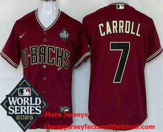 Men's Arizona Diamondbacks #7 Corbin Carroll Red 2023 World Series Cool Base Jersey