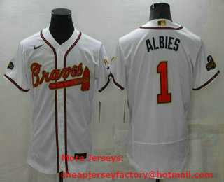 Men's Atlanta Braves #1 Ozzie Albies 2022 White Gold World Series Champions Program Flex Base Stitched Baseball Jersey