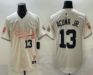 Men's Atlanta Braves #13 Ronald Acuna Jr Cream 2024 Atliens Peach With Outkast Patch Vapor Limited Stitched Jersey