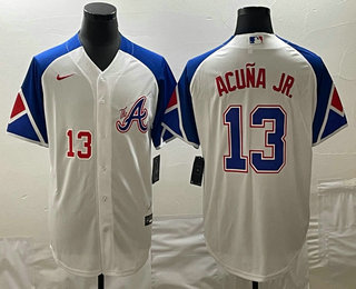 Men's Atlanta Braves #13 Ronald Acuna Jr Number White 2023 City Connect Cool Base Stitched Jersey 02