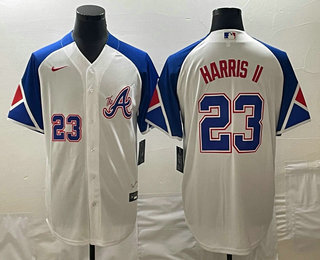 Men's Atlanta Braves #23 Michael Harris II Number White 2023 City Connect Cool Base Stitched Jersey 01