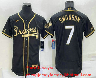 Men's Atlanta Braves #7 Dansby Swanson Black Gold Stitched MLB Flex Base Nike Jersey