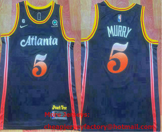 Men's Atlanta Hawks #5 Dejounte Murray 2022 Black City Edition With 6 Patch Stitched Jersey With Sponsor