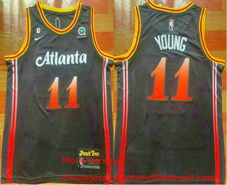 Men's Atlanta Hawks 11 Trae Young 2022 Black City Edition With 6 Patch Stitched Jersey With Sponsor