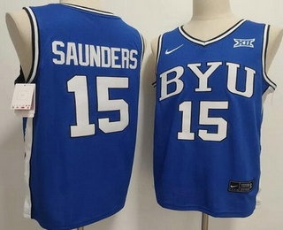 Men's BYU Cougars #15 Richie Saunders Blue College Basketball Jersey