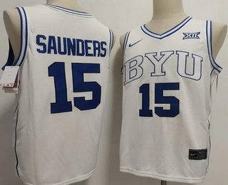 Men's BYU Cougars #15 Richie Saunders White College Basketball Jersey