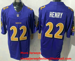 Men's Baltimore Ravens #22 Derrick Henry Purple Rush Color 2024 FUSE Vapor Limited Stitched Jersey