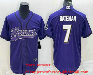 Men's Baltimore Ravens #7 Rashod Bateman Purple With Patch Cool Base Stitched Baseball Jersey