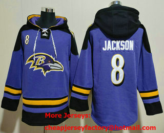 Men's Baltimore Ravens #8 Lamar Jackson Purple Ageless Must Have Lace Up Pullover Hoodie