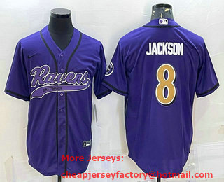 Men's Baltimore Ravens #8 Lamar Jackson Black Gold With Patch Cool Base Stitched Baseball Jersey