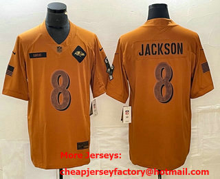 Men's Baltimore Ravens #8 Lamar Jackson Brown 2023 Salute To Service Limited Stitched Jersey