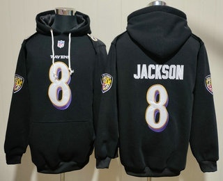 Men's Baltimore Ravens #8 Lamar Jackson NEW Black Pocket Stitched Pullover Hoodie
