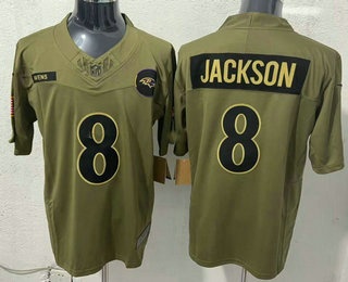 Men's Baltimore Ravens #8 Lamar Jackson Olive 2025 FUSE Salute to Service Limited Jersey