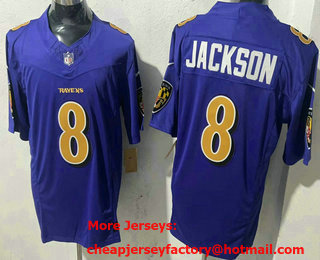 Men's Baltimore Ravens #8 Lamar Jackson Purple Rush Color 2024 FUSE Vapor Limited Stitched Jersey
