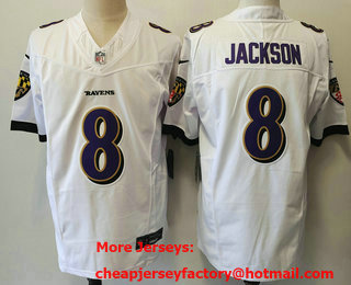 Men's Baltimore Ravens #8 Lamar Jackson White 2023 FUSE Vapor Limited Stitched Jersey