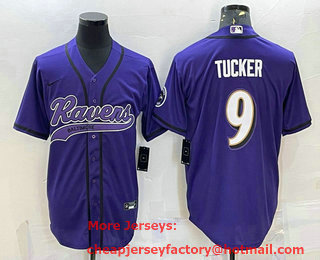 Men's Baltimore Ravens #9 Justin Tucker Purple With Patch Cool Base Stitched Baseball Jersey