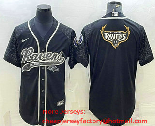 Men's Baltimore Ravens Black Reflective Team Big Logo With Patch Cool Base Stitched Baseball Jersey