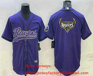 Men's Baltimore Ravens Purple Team Big Logo With Patch Cool Base Stitched Baseball Jersey