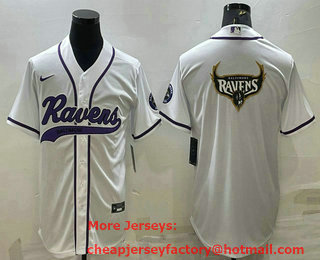 Men's Baltimore Ravens White Team Big Logo With Patch Cool Base Stitched Baseball Jersey