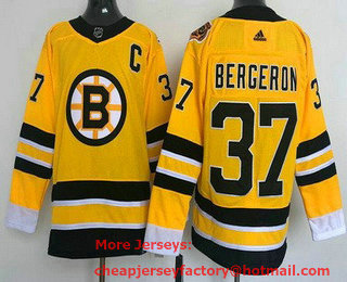 Men's Boston Bruins #37 Patrice Bergeron Gold 2021 Reverse Retro Authentic Jersey