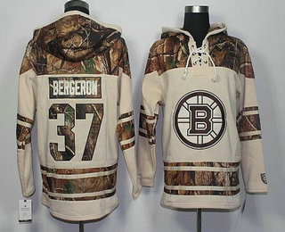 Men's Boston Bruins #37 Patrice Bergeron Old Time Hockey Cream With Camo Hoodie