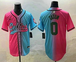 Men's Boston Celtics #0 Jayson Tatum Pink Blue Split Limited Baseball Jersey