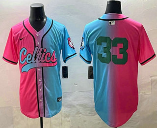 Men's Boston Celtics #33 Larry Bird Pink Blue Split Limited Baseball Jersey