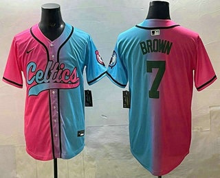 Men's Boston Celtics #7 Jaylen Brown Pink Blue Split Limited Baseball Jersey