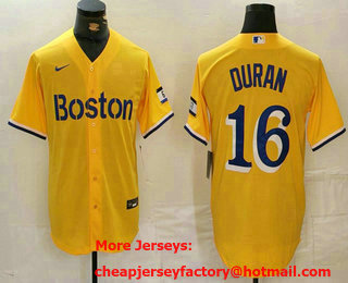 Men's Boston Red Sox #16 Jarren Duran Name Gold City Connect Stitched Jersey