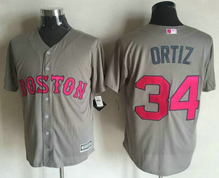 Men's Boston Red Sox #34 David Ortiz Gray With Pink 2016 Mother's Day Baseball Cool Base Jersey