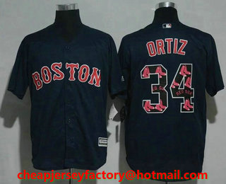Men's Boston Red Sox #34 David Ortiz Navy Blue Team Logo Ornamented Stitched MLB Cool Base Jersey