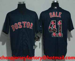 Men's Boston Red Sox #41 Chris Sale Navy Blue Team Logo Ornamented Stitched MLB Cool Base Jersey