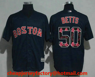 Men's Boston Red Sox #50 Mookie Betts Navy Blue Team Logo Ornamented Stitched MLB Cool Base Jersey