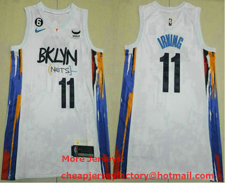 Men's Brooklyn Nets #11 Kyrie Irving 2022 White City Edition With No 6 Patch Stitched Jersey With Sponsor