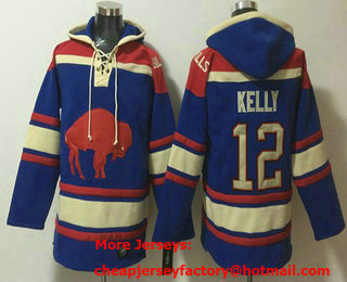 Men's Buffalo Bills #12 Jim Kelly Royal Ageless Must Have Lace Up Pullover Hoodie