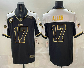 Men's Buffalo Bills #17 Josh Allen Black Gold 2025 FUSE With Bills Mafia Patch Vapor Limited Stitched Jersey
