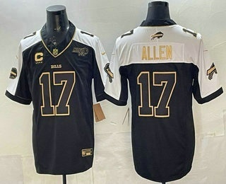 Men's Buffalo Bills #17 Josh Allen Black Gold 2025 FUSE With Bills Mafia Patch Vapor Limited Stitched Jersey
