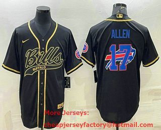 Men's Buffalo Bills #17 Josh Allen Black Gold Team Big Logo With Patch Cool Base Stitched Baseball Jersey